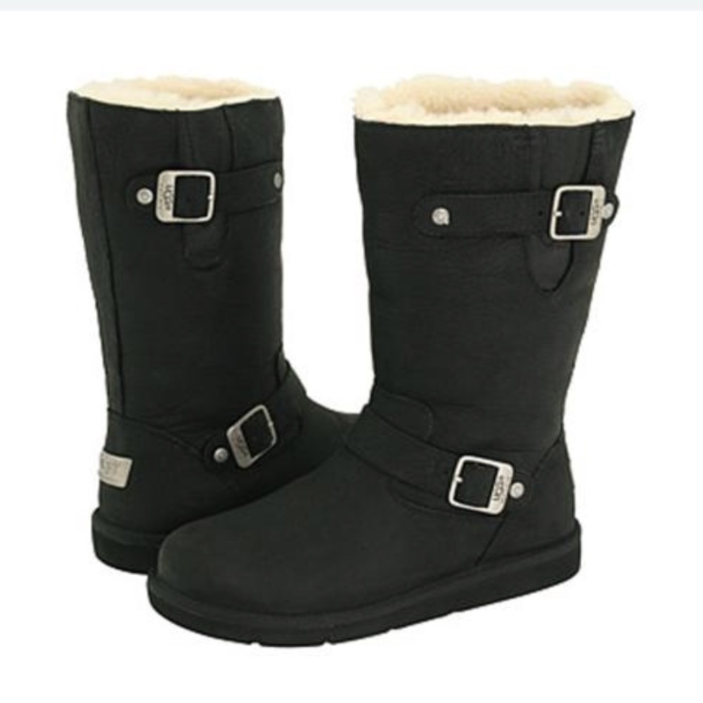UGG Kensington Black Leather Moto Boots Size 5 - Picture 1 of 7